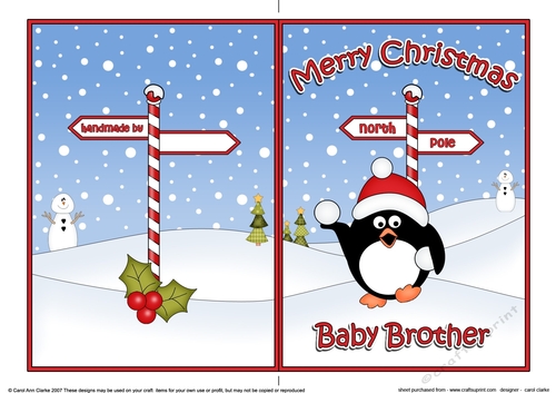 5 x 7 Quick Cut and Fold Card - Merry Christmas BABY BROTHER with Pip Penguin