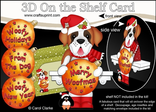 3D Christmas On the Shelf Card Kit - Cute Little St Bernard Dog has an Xmas Bauble with Greetings Sentiments Decoupage
