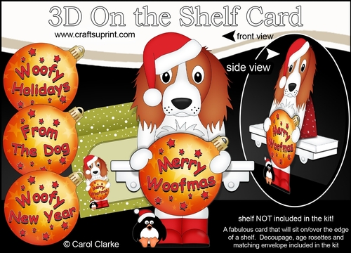 3D Christmas On the Shelf Card Kit - Cute Little Springer Spaniel Dog has an Xmas Bauble with Greetings Sentiments Decoupage