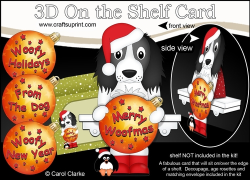 3D Christmas On the Shelf Card Kit - Cute Little Springer Spaniel Dog has an Xmas Bauble with Greetings Sentiments Decoupage