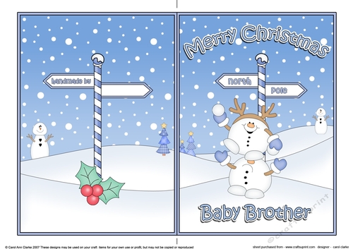 5 x 7 Quick Cut and Fold Card - Merry Christmas BABY BROTHER with Snowball Sam