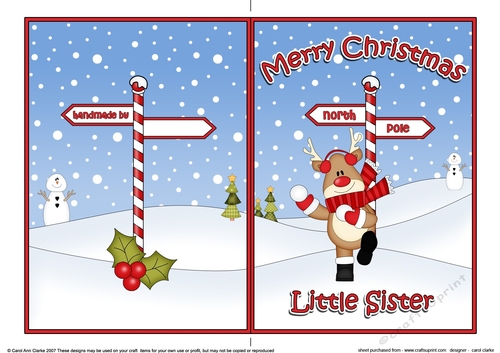 5 x 7 Quick Cut and Fold Card - Merry Christmas LITTLE SISTER with Rudolph