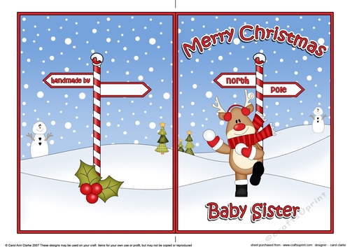5 x 7 Quick Cut and Fold Card - Merry Christmas BABY SISTER with Rudolph