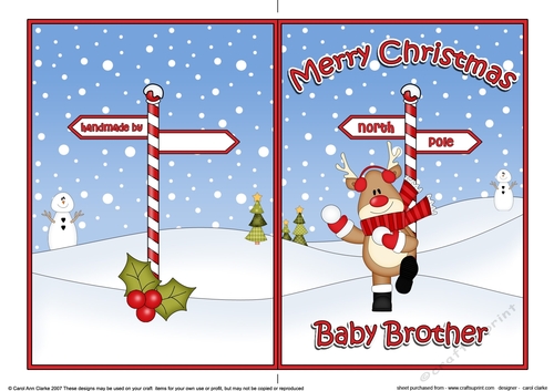 5 x 7 Quick Cut and Fold Card - Merry Christmas BABY BROTHER with Rudolph