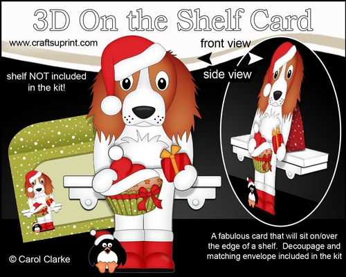 3D Christmas On the Shelf Card Kit - Cute Christmas Springer Spaniel Dog Baxter has a Festive Cupcake