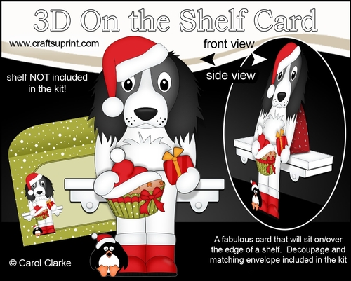 3D Christmas On the Shelf Card Kit - Cute Christmas Springer Spaniel Dog Blue has a Festive Cupcake