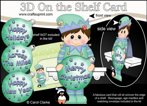 3D Christmas On the Shelf Card Kit -  Cute Little Elf has an Xmas Bauble with Greetings Sentiments
