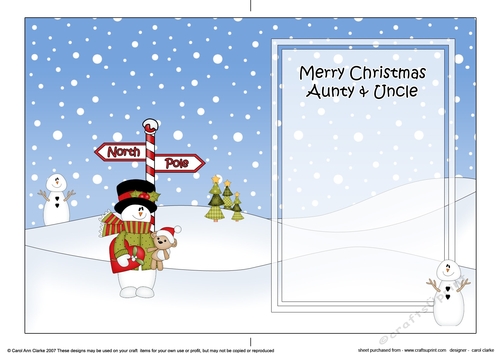 5 x 7 matching insert -  Merry Christmas AUNTY & UNCLE with Snowman Rio
