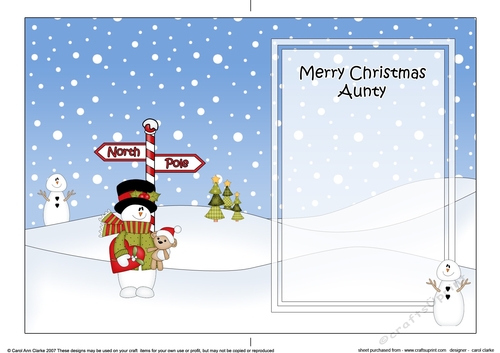 5 x 7 matching insert -  Merry Christmas AUNTY with Snowman Rio