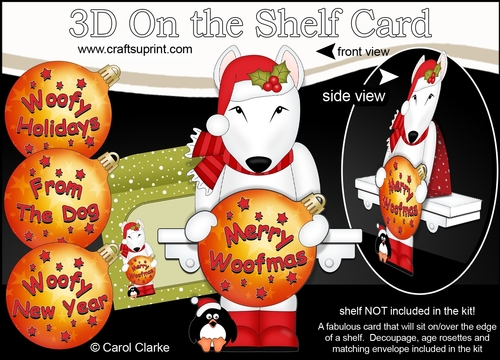 3D Christmas On the Shelf Card Kit - Cute Little English Bull Terrier  Dog has an Xmas Bauble with Greetings Sentiments Decoupage