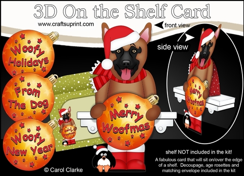 3D Christmas On the Shelf Card Kit - Cute Little German Shepherd Dog has an Xmas Bauble with Greetings Sentiments Decoupage