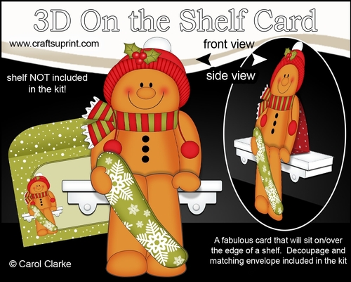 3D Christmas On the Shelf Card Kit - Christmas Gingerbread Man Ginge is Snowboarding