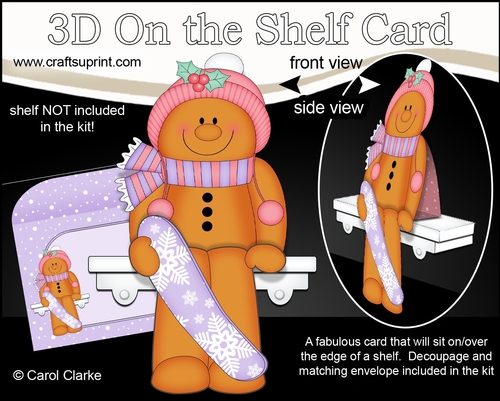 3D Christmas On the Shelf Card Kit - Christmas Gingerbread Man Ginge is Snowboarding