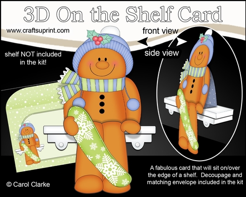 3D Christmas On the Shelf Card Kit - Christmas Gingerbread Man Ginge is Snowboarding