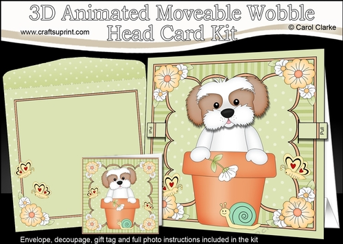 3D Animated Moveable Wobble Head Card Kit - Flower Pot Friends Little Cavachon Dog BoBo