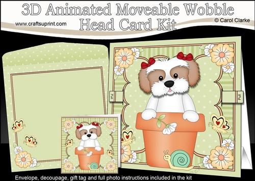 3D Animated Moveable Wobble Head Card Kit - Flower Pot Friends Little Cavachon Dog Button