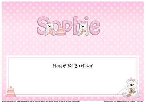 Large DL Happy 1st Birthday SOPHIE insert
