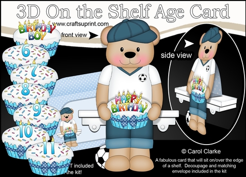 3D On the Shelf Card Kit - Cute Little Austin Bear is the Birthday Boy with ages 6 - 11 age Birthday Cake Decoupage