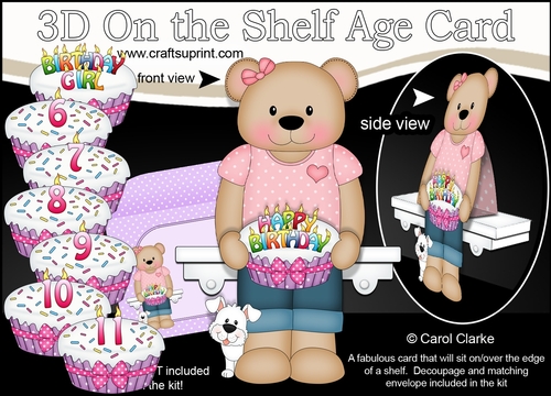 3D On the Shelf Card Kit - Cute Little Livvy Bear is the Birthday Girl with ages 6 - 11 age Birthday Cake Decoupage
