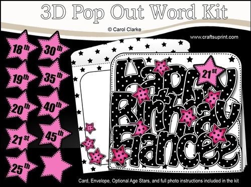 3D Happy Birthday Fiancee Stars with Ages 18 to 45  Pop Out Word Card Kit