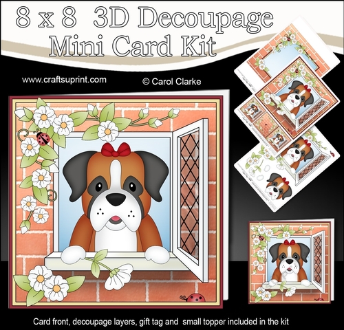 8 x 8 Mini Kit with 3d Decoupage - Through the Window - Little Boxer Dog Missy