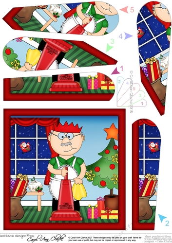 Christmas Old Man Bert does the Xmas Cleaning Fan Pyramage Topper
