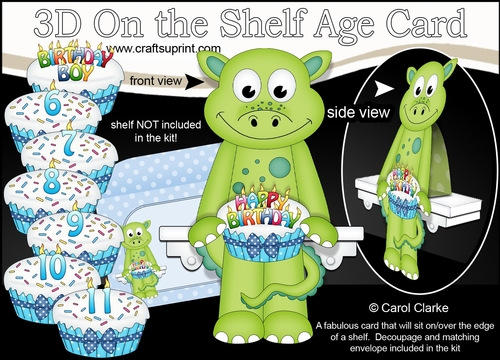 3D On the Shelf Card Kit - Cute Little Denis Dinosaur is the Birthday Boy with ages 6 - 11 age Birthday Cake Decoupage