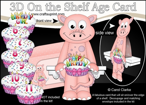 3D On the Shelf Card Kit - Cute Little Denise Dinosaur is the Birthday Girl with ages 6 - 11 age Birthday Cake Decoupage