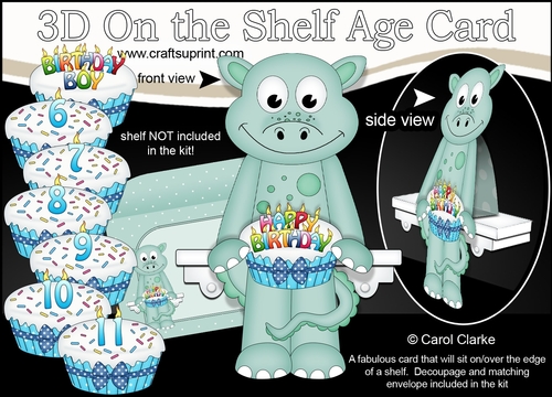 3D On the Shelf Card Kit - Cute Little Deke Dinosaur is the Birthday Boy with ages 6 - 11 age Birthday Cake Decoupage