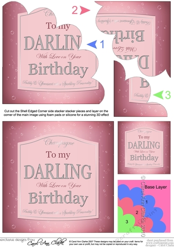 Happy Birthday DARLING Pink Champers label Shell Edged Corner Stacker