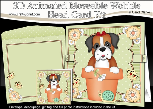3D Animated Moveable Wobble Head Card Kit - Flower Pot Friends Little Boxer Dog Missy