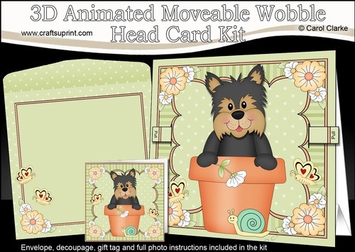 3D Animated Moveable Wobble Head Card Kit - Flower Pot Friends Little Yorkie Dog Timmy