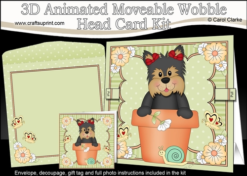 3D Animated Moveable Wobble Head Card Kit - Flower Pot Friends Little Yorkie Dog Poppy