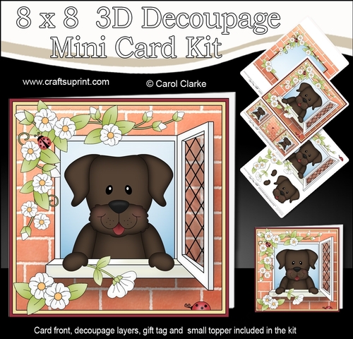 8 x 8 Mini Kit with 3d Decoupage - Through the Window - Little Chocolate Labrador Dog Chip