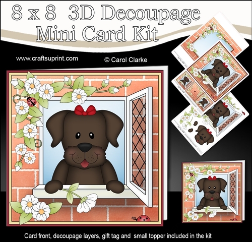 8 x 8 Mini Kit with 3d Decoupage - Through the Window - Little Chocolate Labrador Dog Velvet
