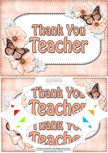 A5 THANK YOU TEACHER Butterflies & Flowers Scallop Corners and Pyramage