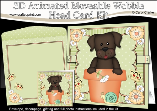 3D Animated Moveable Wobble Head Card Kit - Flower Pot Friends Little Chocolate Labrador Dog Chip