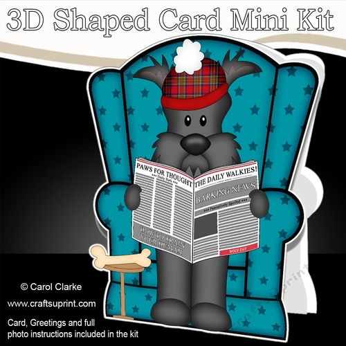 3D Shaped Card  Kit - Little Scottie Dog Hamish reads the Barking Newspaper