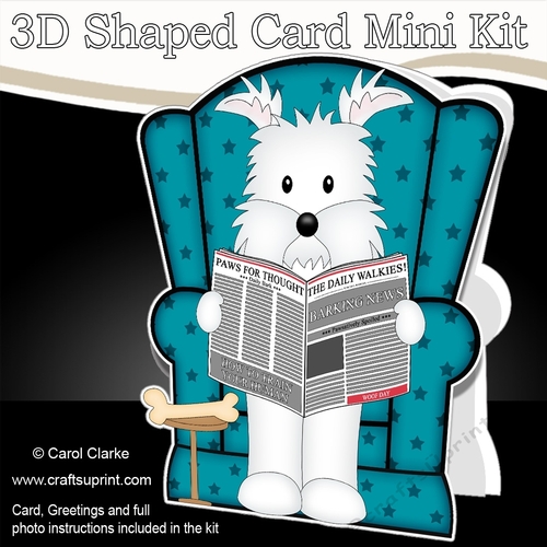 3D Shaped Card  Kit - Little Westie Dog Jock reads the Barking Newspaper