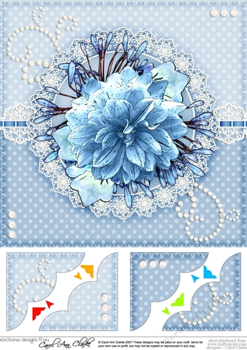 8 x 8 A Touch of Elegance Blue Bouquet, Pearls and Lace Scalloped Corner Topper 