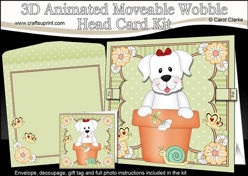 3D Animated Moveable Wobble Head Card Kit - Flower Pot Friends Little White Labrador Dog Dinky