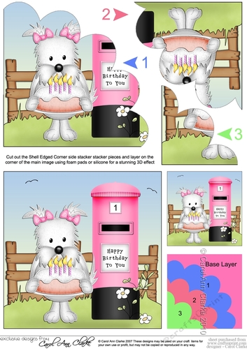 Jess Westie Dog has a Birthday Cake Shell Edged Side Stacker