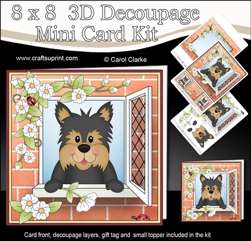 8 x 8 Mini Kit with 3d Decoupage - Through the Window - Little Yorkie Dog Timmy