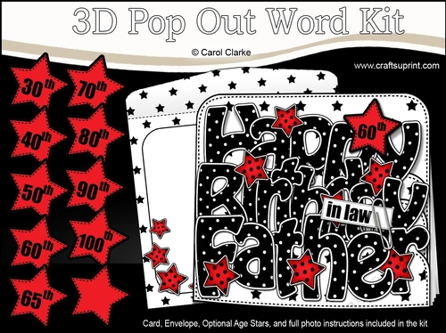 3D Happy Birthday FATHER IN LAW Stars with Ages 30 to 100 Pop Out Word Card Kit