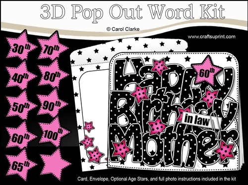 3D Happy Birthday MOTHER IN LAW Stars with Ages 30 to 100 Pop Out Word Card Kit