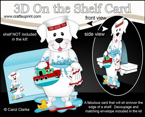 3D On the Shelf Card Kit - Bathtub Buddies - Little White Labrador Dog Dash has a Bubble Bath