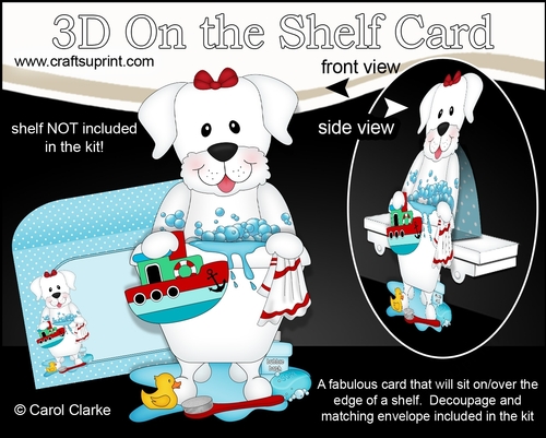 3D On the Shelf Card Kit - Bathtub Buddies - Little White Labrador Dog Dinky has a Bubble Bath