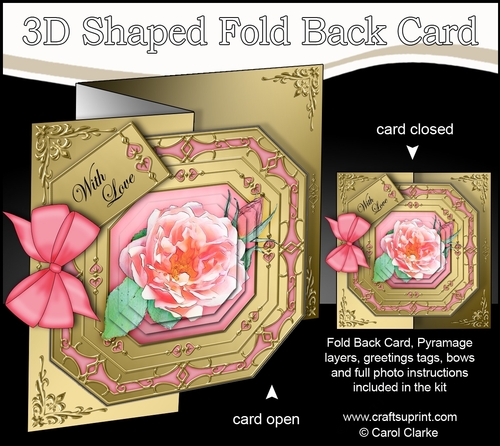 3D Shaped No-Hole Fold Back Pretty Floral Card with Pyramage Mini Kit  -  Single Rose