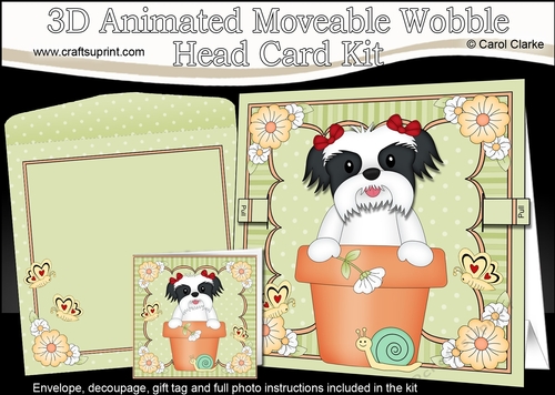 3D Animated Moveable Wobble Head Card Kit - Flower Pot Friends Little Shih Tzu Dog Daisy