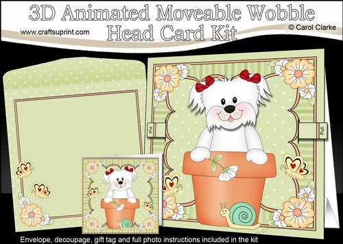 3D Animated Moveable Wobble Head Card Kit - Flower Pot Friends Little Bichon Frise Dog ZuZu